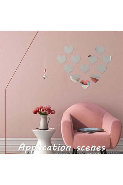 OEM Set de 100 de oglinzi acrilice autoadezive, model INIMĂ, 4x4 cm, argintii - Ideale pentru decorarea pereților,