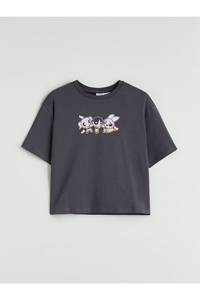 LC Waikiki Anthracite Crew Neck Powerpuff Girls Printed Girl's T-Shirt