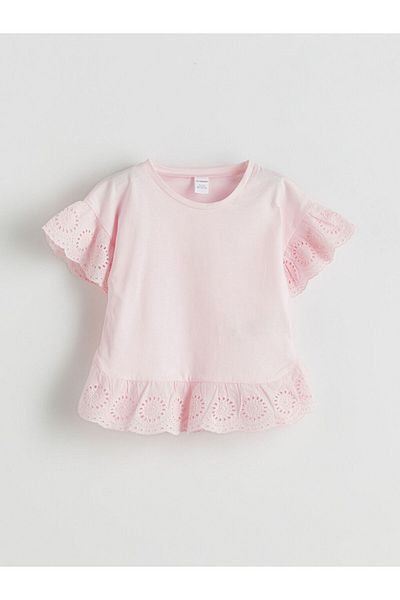 LC Waikiki Pink Crew Neck Laced Combed Cotton Girls' Blouse