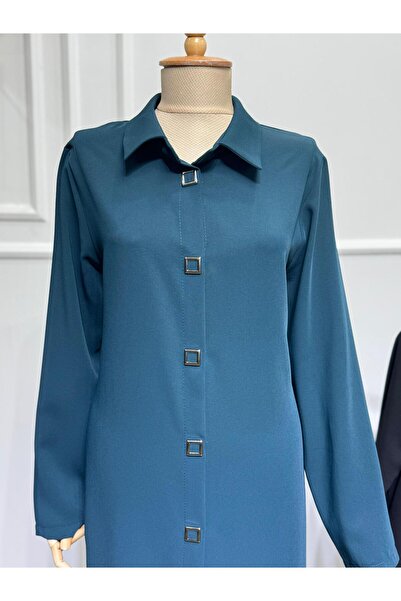 ModaMinar Women's Plus Size Thin Crepe Fabric Snap Fastener Long Shirt Collar Tunic