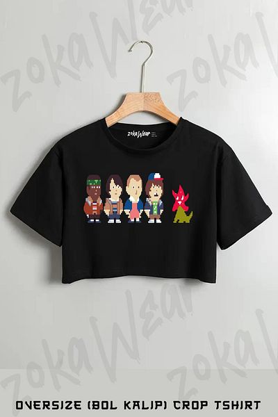 ZOKAWEAR Stranger Things Pixel 8Bit Video Game Printed Oversize Crop T-Shirt