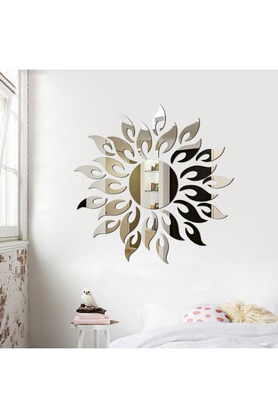 OEM Set de 27 de oglinzi acrilice din PVC, autoadezive pentru decorarea pereților, soare cu 26 de raze, argintii