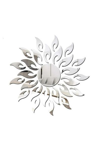 OEM Set de 27 de oglinzi decorative acrilice autoadezive, model cu raze solare argintii, dimensiune 50 cm