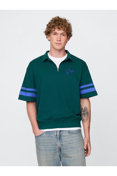 GAP Erkek Koyu Yeşil VintageSoft Fermuarlı Logo T-Shirt