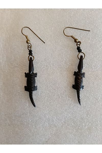 Butik Tülin Authentic Handmade Natural Bone Black Crocodile Dangle Earrings 7X1 cm Kenya Made