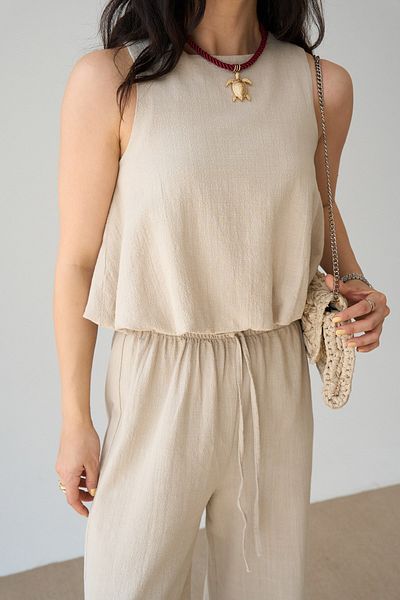 CELITA Women's Lined Zero Sleeve Elastic Blouse & Lace-Up Pants Bottom-Top Set