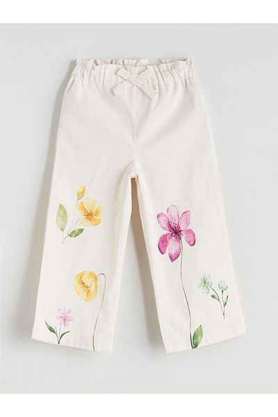 LC Waikiki Ecru Floral Girl's Pants with Elastic Waist