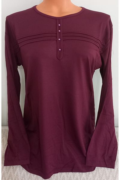 Anne Er Clothing Mother Summer Combed Cotton Blouse Long-Sleeve Crew Neck Claretred