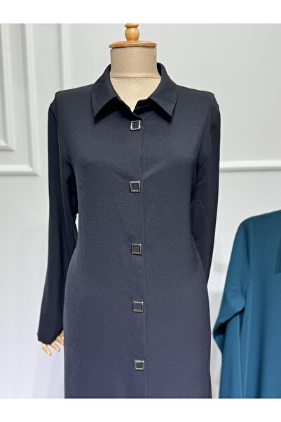 ModaMinar Women's Plus Size Thin Crepe Fabric Snap Fastener Long Shirt Collar Tunic