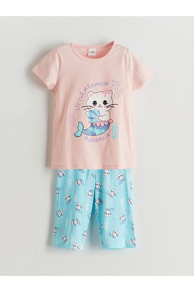LC Waikiki Lcw Combed Cotton Printed Girl's T-Shirt and Capri 2-Pack