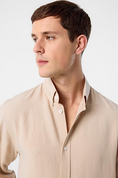 Antioch Taş Keten Karışımlı Yaka Düğmeli Erkek Gömlek