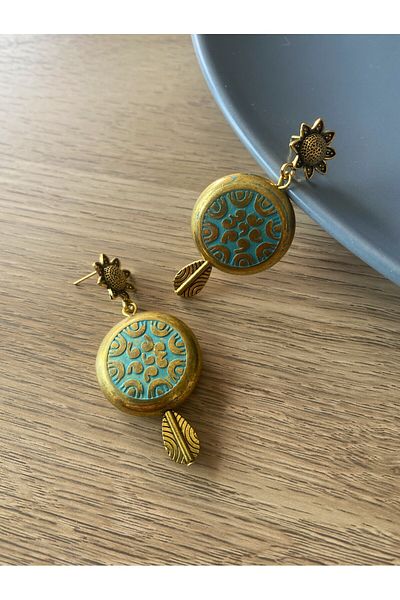 dela otantik Handmade Vintage Motif Ethnic Round Earrings – Turquoise & Gold Color Authentic Bohemian Bijoux Jewelry