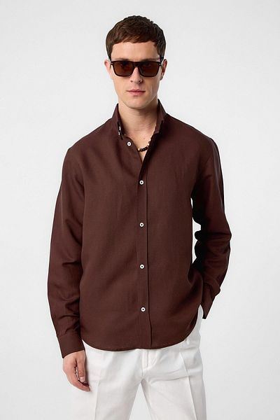 Antioch Coffee Linen Blend Collar Buttoned Men's Shirt