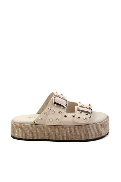 Bambi Beige Leather Women's Slippers K 04423050003