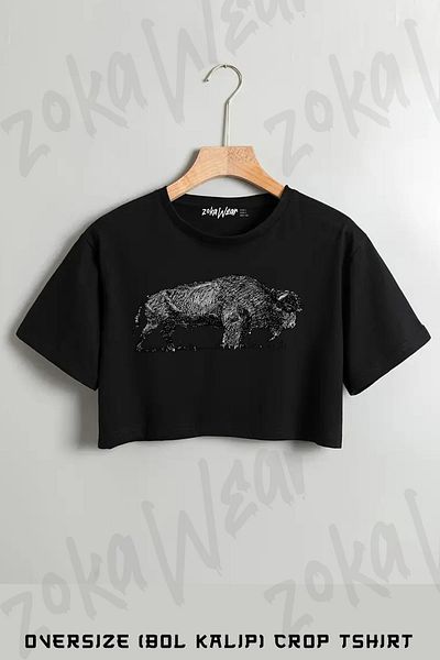 ZOKAWEAR Buffalo Bison Family Sketch Printed Oversize Crop T-Shirt