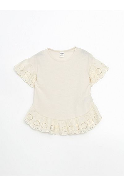 LC Waikiki Pink Crew Neck Laced Combed Cotton Girls' Blouse