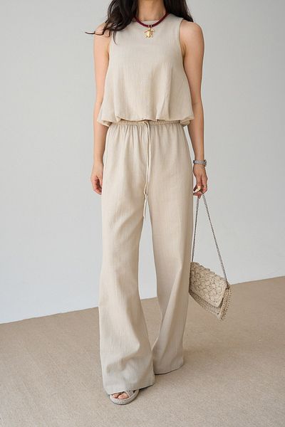 CELITA Women's Lined Zero Sleeve Elastic Blouse & Lace-Up Pants Bottom-Top Set