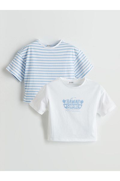 LC Waikiki Tricou pentru fete cu imprimeu cu gât crew pentru sezon nou, pachet de 2 - S5FD90Z4