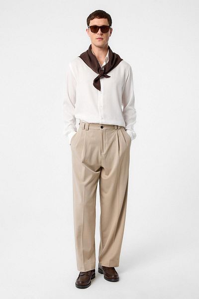 Antioch Dark Beige Raised Waist Relax Fit Pleated Men's Trousers