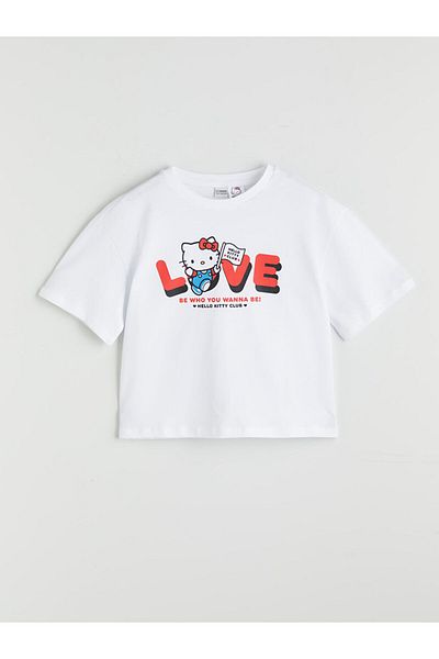 LC Waikiki White Crew Neck Hello Kitty Printed Girl's Crop T-Shirt