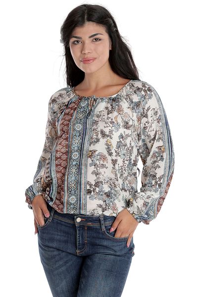Eranthe Women's Blouse, Long Sleeve Type IE, White with Combined Blue-Brown Print
