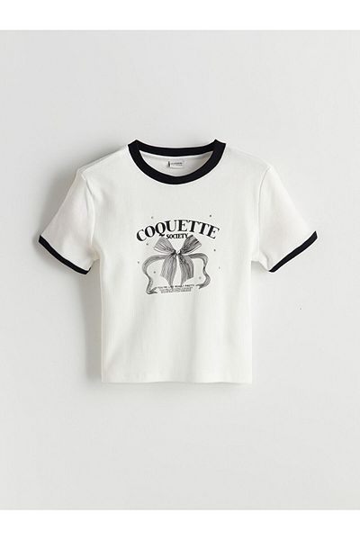 LC Waikiki New Season Crew Neck Bow Printed Stone Girls' T-Shirt - S5El65Z4