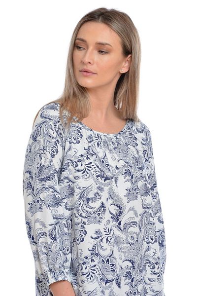Eranthe Women's Blouse, White Navy Blue Loose with Pattern