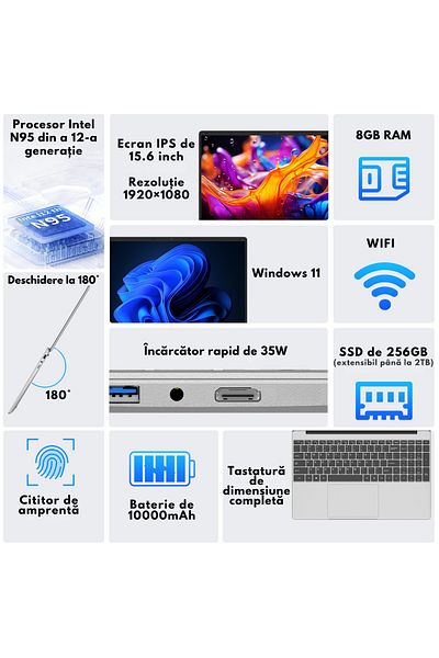 VisionHub Ultra-Performant Laptop 15.6" IPS FHD, Intel N95 (12th Gen) up to 3.4GHz, 8GB RAM, 256GB SSD