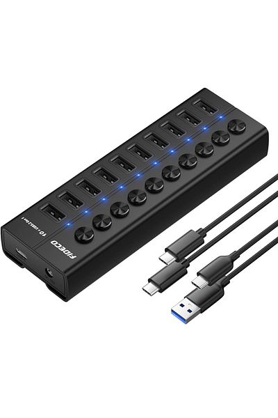 VisionHub Hub USB 3.2 Gen 1 cu 10 Porturi, Viteza 5Gbps, Alimentare 12V/4A, Aluminiu, Incarcare Rapida BC1.2