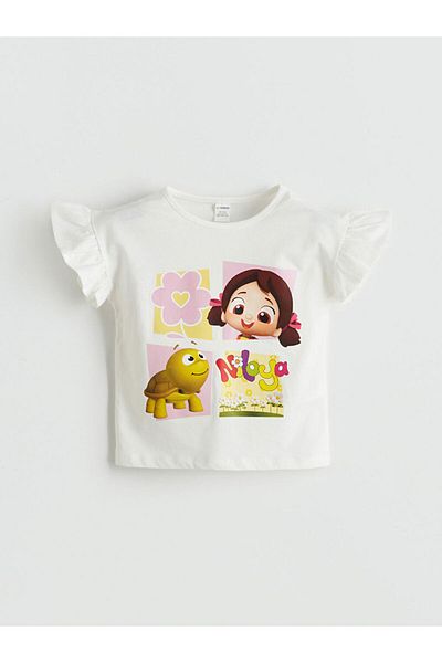 LC Waikiki Ecru Crew Neck Niloya Printed Girl's T-Shirt