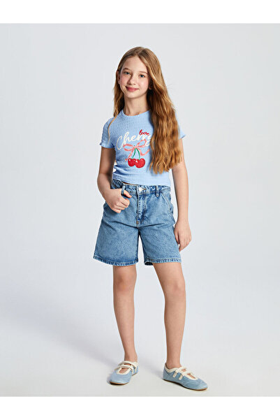 LC Waikiki Blue Girl's Jean Shorts with Adjustable Waist Elastic