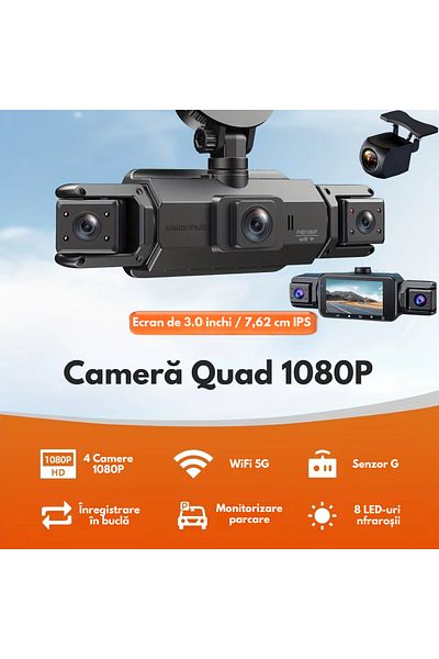 VisionHub 4 Channel 360° Car Dash Cam – Fhd 1080p, Wifi Gps, 24h Parking Monitoring