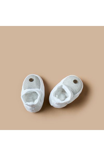 giggles Printed Slip-On Booties with Button Applique