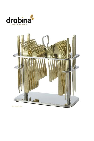 drobina Dropina 30-Piece Stainless Steel Spoon Set with Stand, Full Gold