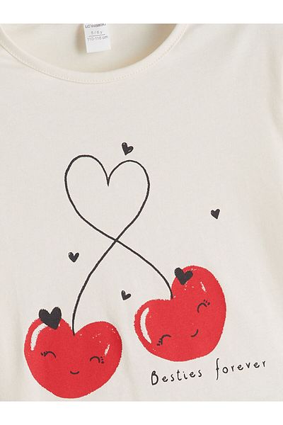 LC Waikiki Ecru Crew Neck Cherry Printed Girl's T-Shirt