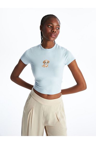 LC Waikiki Xside Crew Neck Dog Printed Women's Crop