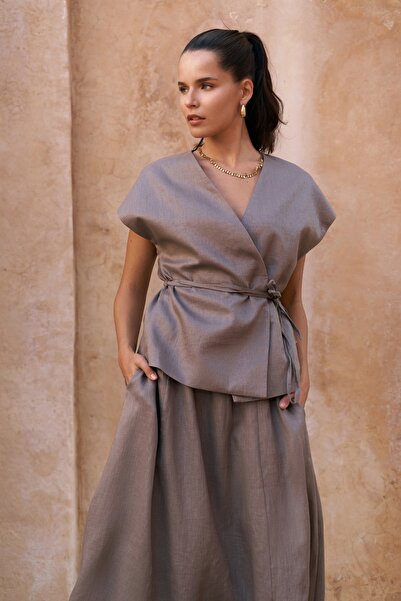 BOHEMAİ Fiametta Casual Smoked Linen Vest Skirt Suit