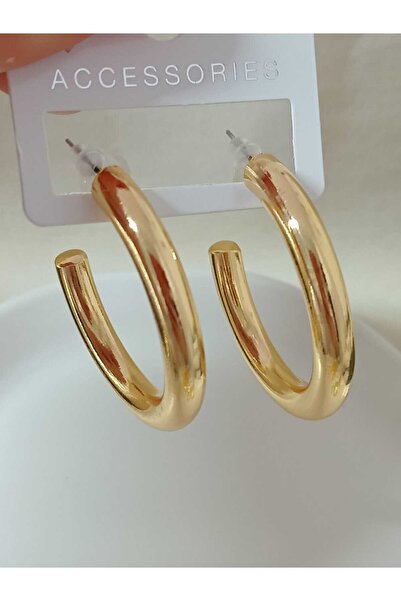 mos&more Gold Kalın Boru Halka (4,5cm) Şık Kadın Küpe, Hafif