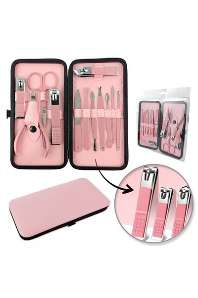ECARLA Manicure and pedicure set, pink, 12 in 1, organized in an eco-leather case, JollyMag, AK20