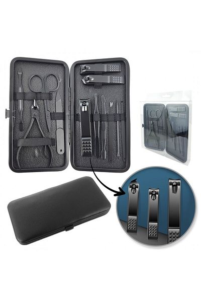 ECARLA Manicure and pedicure set, black, 12 in 1, organized in an eco-leather case, JollyMag, AK21