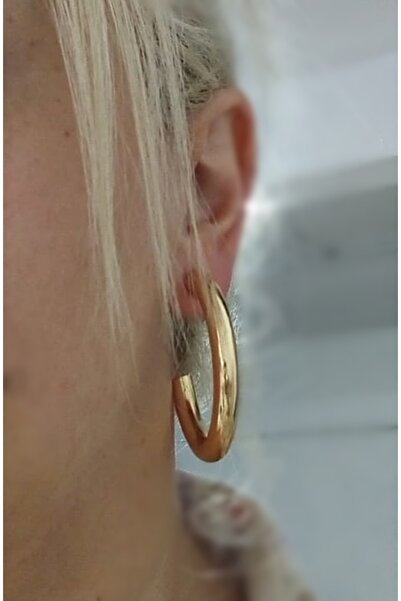 mos&more Gold Kalın Boru Halka (4,5cm) Şık Kadın Küpe, Hafif