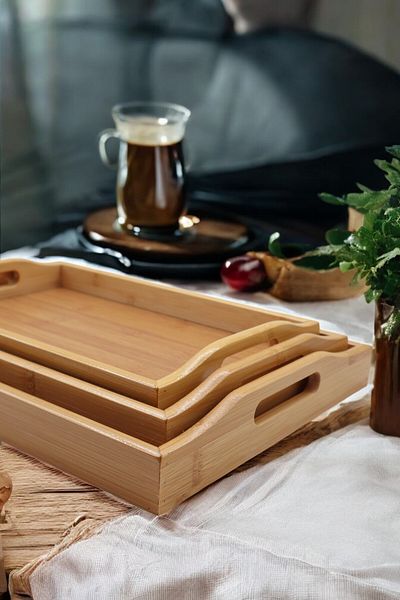 LUMİNA 3 Piece Bamboo Rectangular Tray Set