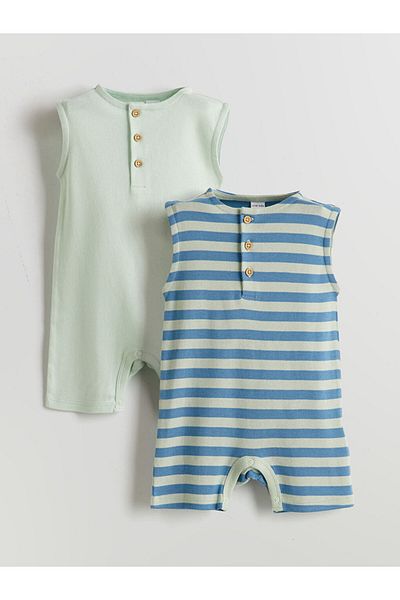 LC Waikiki Turquoise Crew Neck Baby Boy Combed Cotton Jumpsuit 2-Piece
