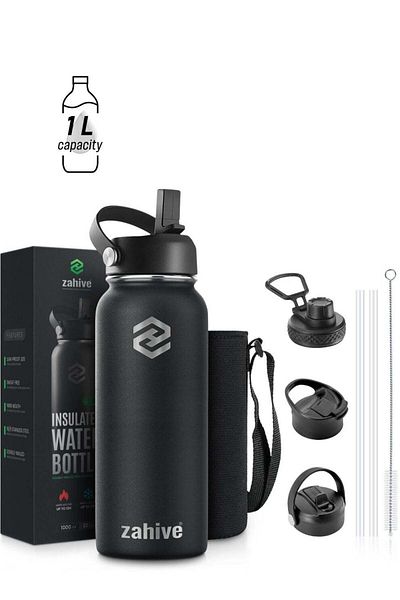 StainlessSteelBYZ Zahive Insulated Stainless Steel Water Bottle with Straw, 3 Lids, and Bag