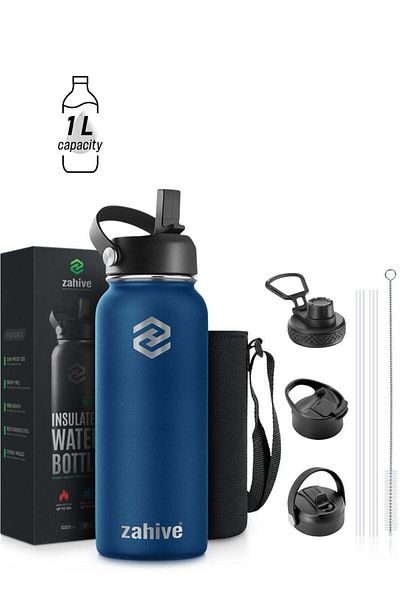 StainlessSteelBYZ Zahive Insulated Stainless Steel Water Bottle with Straw with 3 Lids and Bag 1000 ml, Double Wall Th