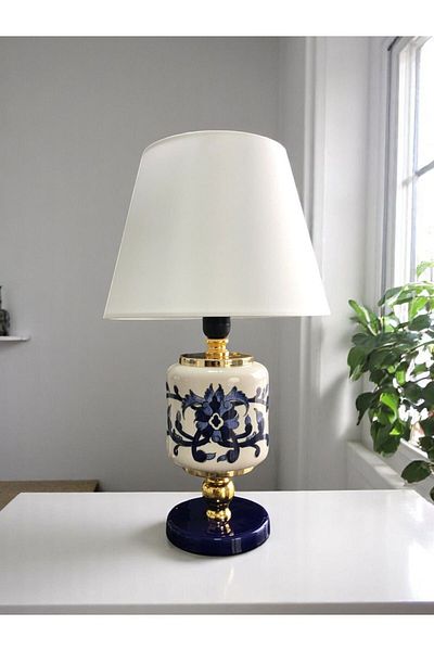 SerenityHaven Lampshade Lighting Ceramic Oval Blue Floral White Hat Gold - Feray Home