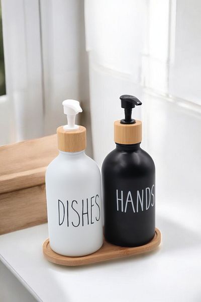 LUMİNA Premium Glass Liquid Soap Dispenser Set – 2 Pcs |   Bamboo Base |   500ml |   Aesthetic & Functional- 3 Pieces