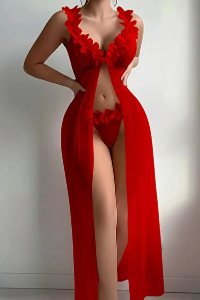 STARRY NIGHT Stylish Long Nightgown Set with Red Flower Detail