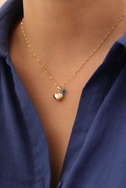 YAVUZ KUYUMCULUK 14 Ayar Altın Singapur Zincir Nazar Boncuklu Kalp Kolye