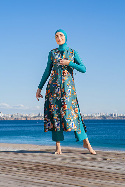 Ruko Maio RUKOMAYO YEŞİL DESENLİ YELEKLİ 3'LÜ TAKIM LYCRA PARAŞÜT ( SU İTİCİ VE ÇABUK KURUYAN ) KUMAŞ TESETT